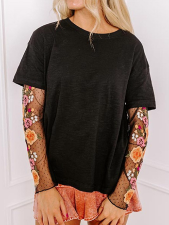 Black Mesh Embroidered Sleeve Top