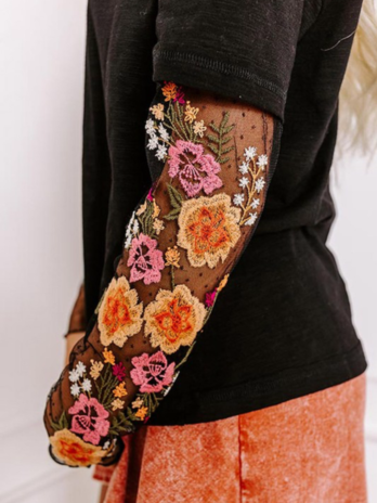 Black Mesh Embroidered Sleeve Top