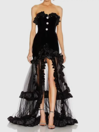 Elegant Strapless Tiered Black Gown