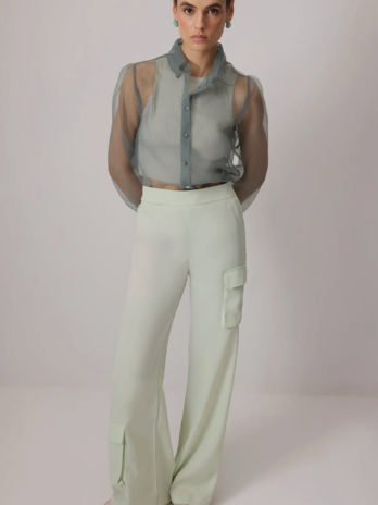 Mint Satin Cargo Wide-Leg Pants