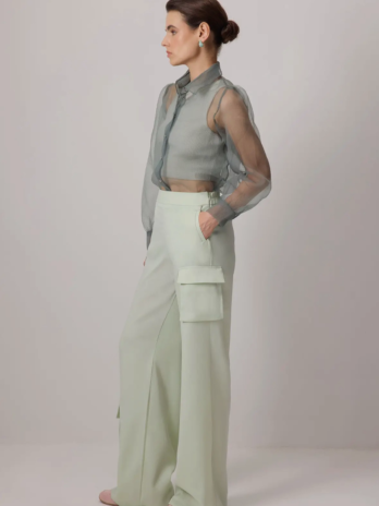 Mint Satin Cargo Wide-Leg Pants