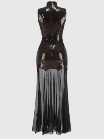 Elegant Mock Neck Brown/Black Evening Dress