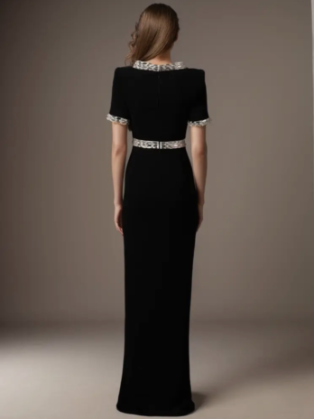 Black Rhinestone High Slit Gown