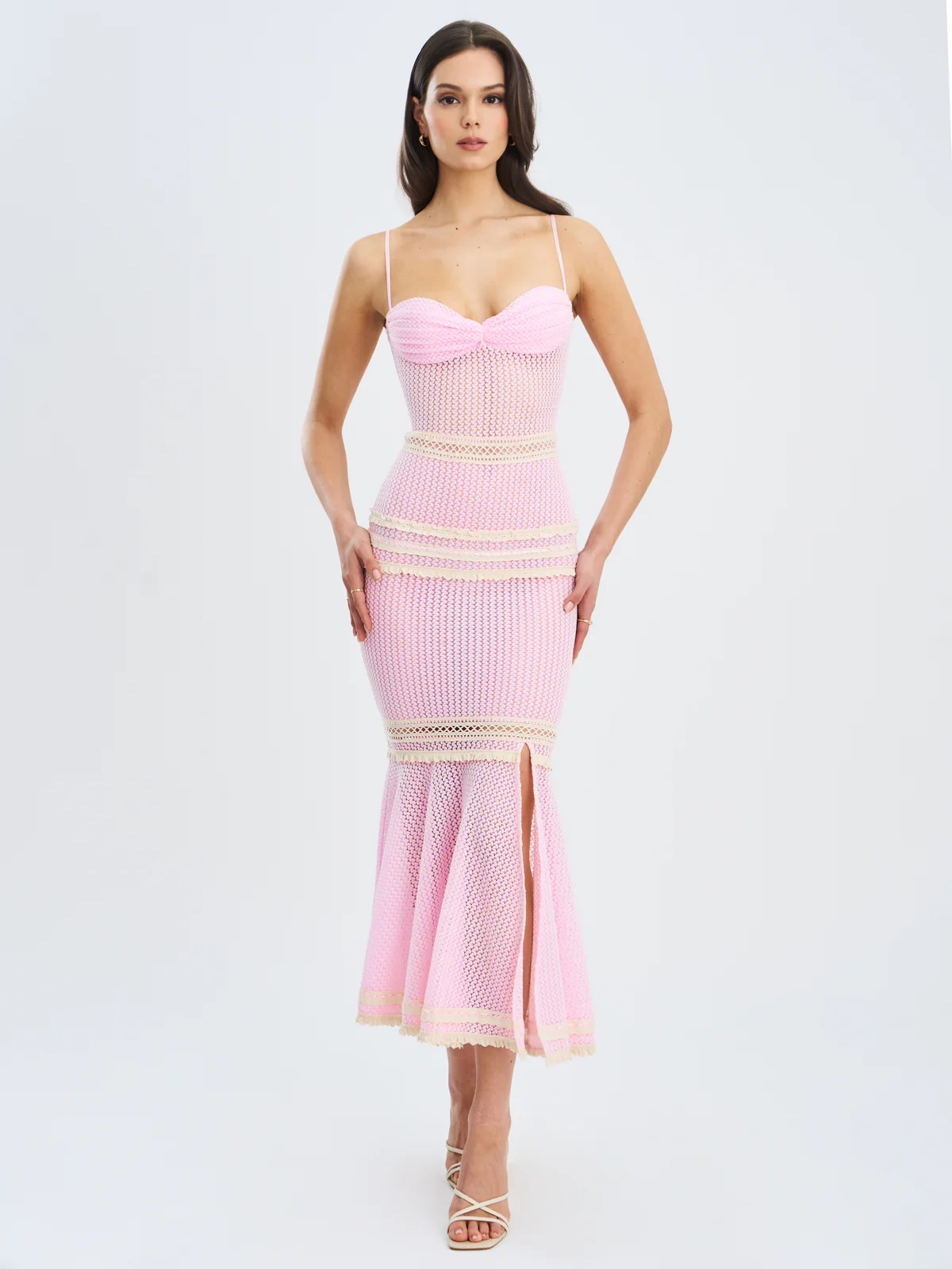 Pink Lace Trim Crochet Mermaid Maxi Dress