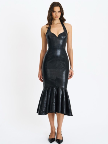 Gardenia Black Leather Midi Sweetheart Dress