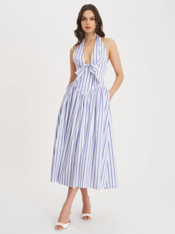 Mackenna Navy Stripe Halter Smock Back MaxiDress
