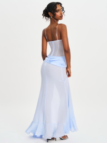 Lacy Blue Ruched Breast High Slit Chiffon Dress