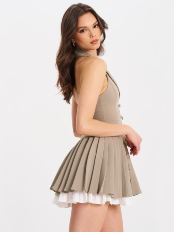 Hazel Brown Preppy Halter Neck Pleated Mini Dress
