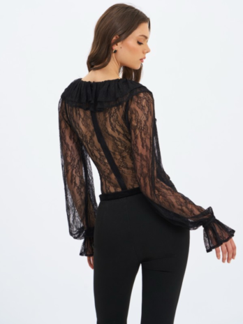 Taliah Black Sheer Lace Ruffled Collar Bodysuit