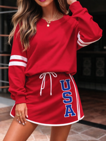 USA Red Two Piece Skirt Set