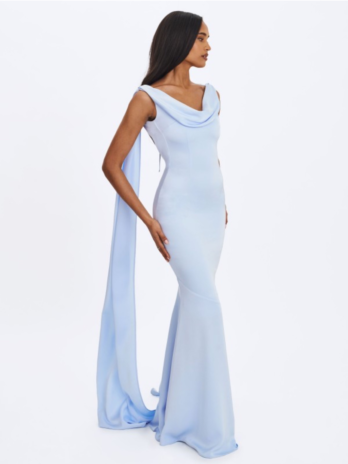 Mist Blue Cowl Scarf-Detail Mermaid Maxi Dress