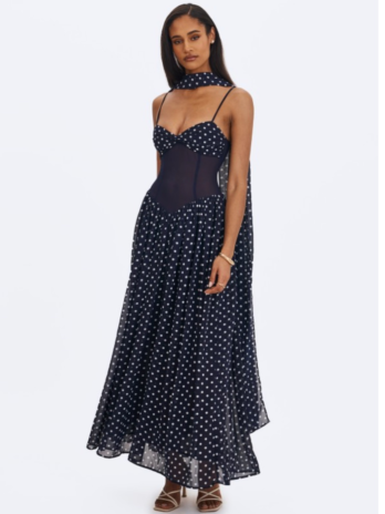 Navy Blue Polka Dot Chiffon Maxi Dress