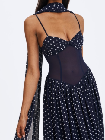 Navy Blue Polka Dot Chiffon Maxi Dress