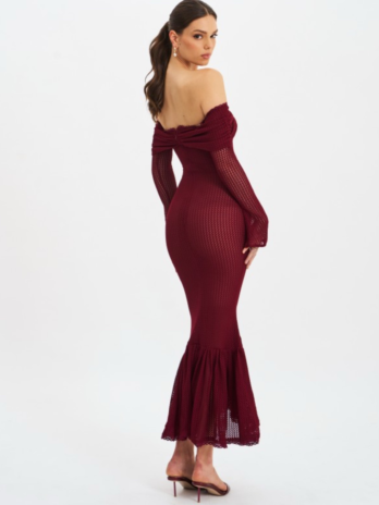 Burgundy Off Shoulder Long Sleeve Dress