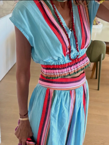 Blue Stripe Two Piece Skirt Set