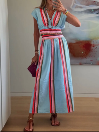 Blue Stripe Two Piece Skirt Set