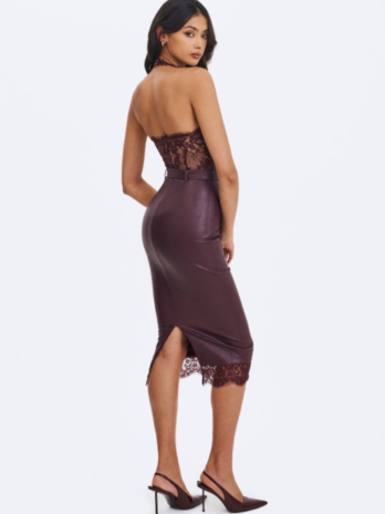 Fiera Mahogany Plunging Halter Belted Midi Dress