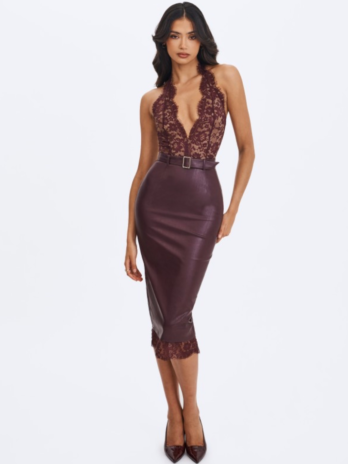 Fiera Mahogany Plunging Halter Belted Midi Dress