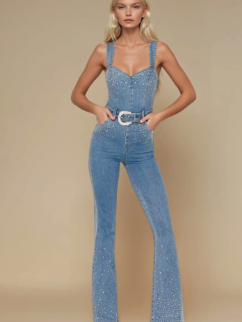 Denim Rhinestone Belted Jumpsuit