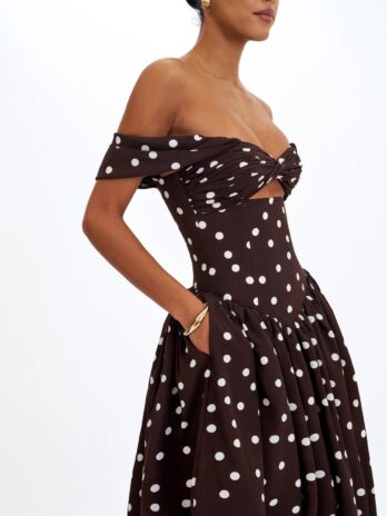 Xandie Mocha Polka Dot Off-Shoulder Midi Dress