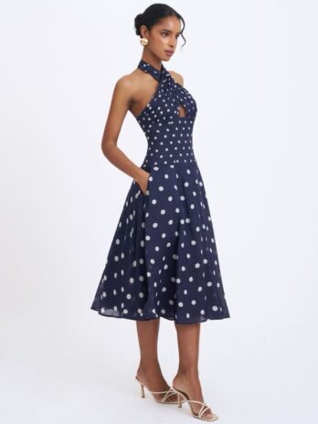 NURI NAVY POLKA DOT RAMIE CROSSOVERHALTER A-LINE MIDI DRESS