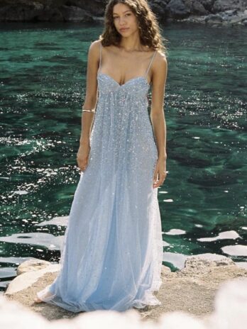 Wallie Baby Blue RhinestoneEmbellished Mesh Backless Gown