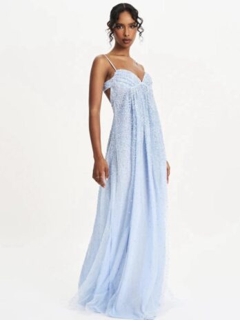 Wallie Baby Blue RhinestoneEmbellished Mesh Backless Gown