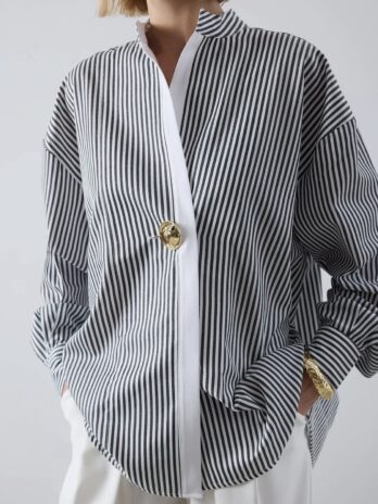 Black Striped Button Up With Large Button