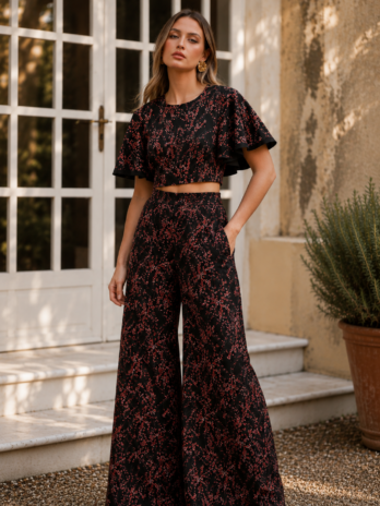 Black Floral Two Piece Pants Set