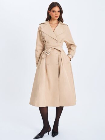 ULILA BEIGE DOUBLE-BREASTED PLEATEDCOTTON-BLEND TRENCH COAT
