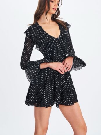 OMARI BLACK CHIFFON POLKA DOTRUFFLED NECKLINE MINI DRESS