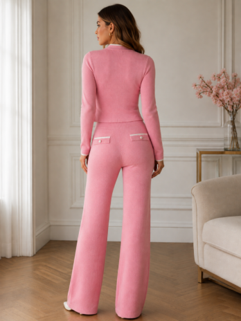 Pink Knit Cardigan And Wide Leg Pants Set