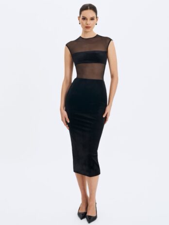 QUIELLE BLACK MESH AND VELVET MIDI BODYCON DRESS